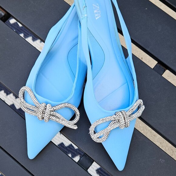 ZARA BLUE BOW SLINGBACK FLATS SIZE 37 - GENTLY WORN - Picture 4 of 7